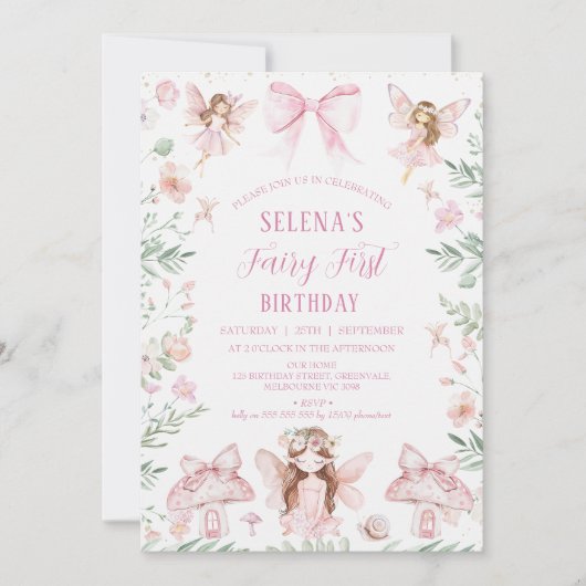 ピンクボウお洒落フェアリーファースト誕生日誕生日 招待状 (正面)