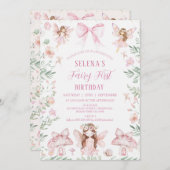 ピンクボウお洒落フェアリーファースト誕生日誕生日 招待状 (正面/裏面)
