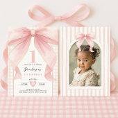 ピンクボウかわいらしコケットリボンガール第1誕生日 招待状