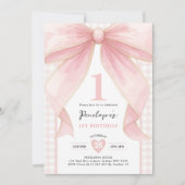 ピンクボウかわいらしコケットリボンガール第1誕生日 招待状 (正面)