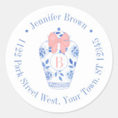 ピンクボウかわいらしジンジャージャールモノグラム差出人住所 ラウンドシール (正面)