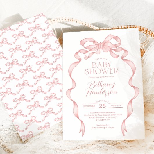 ピンクボウかわいらしリボン女の子ベビーシャワー 招待状