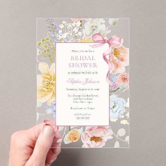 ピンクボウかわいらしワイルドフラワーブライダルシャワー アクリル招待状 (インサイチュ (ポータブル))