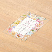 ピンクボウかわいらしワイルドフラワーブライダルシャワー アクリル招待状 (レイダウン)