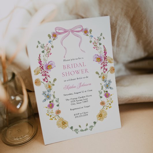ピンクボウかわいらしワイルドフラワーブライダルシャワー 招待状