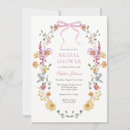 ピンクボウかわいらしワイルドフラワーブライダルシャワー 招待状 (正面)