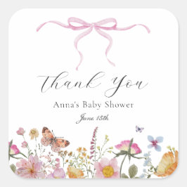 ピンクボウかわいらしワイルドフラワーベビーシャワーメッセージカード スクエアシール
