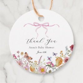 ピンクボウかわいらしワイルドフラワーベビーシャワーメッセージカード フェイバータグ