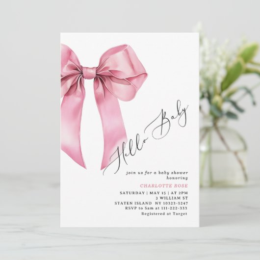 ピンクボウこんにちは赤ちゃん女の子の赤ちゃんシャワー 招待状 (スタンド正面)