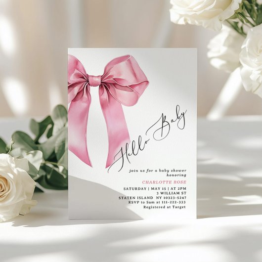 ピンクボウこんにちは赤ちゃん女の子の赤ちゃんシャワー 招待状