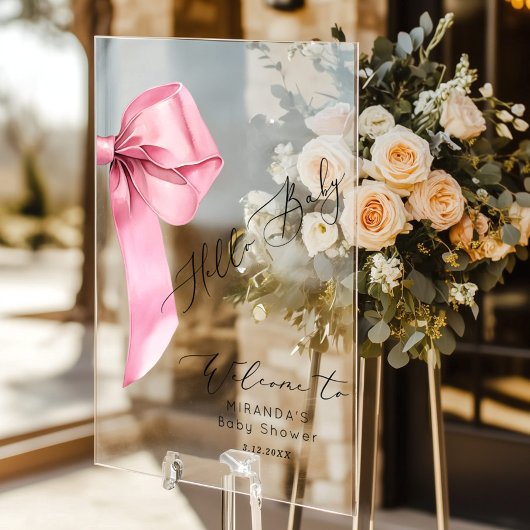 ピンクボウこんにちは赤ちゃん女の子ベビーシャワーへようこそ アクリルサイン