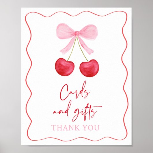 ピンクボウさくらんぼカードとギフト赤ちゃんシャワーのサイン ポスター (正面)