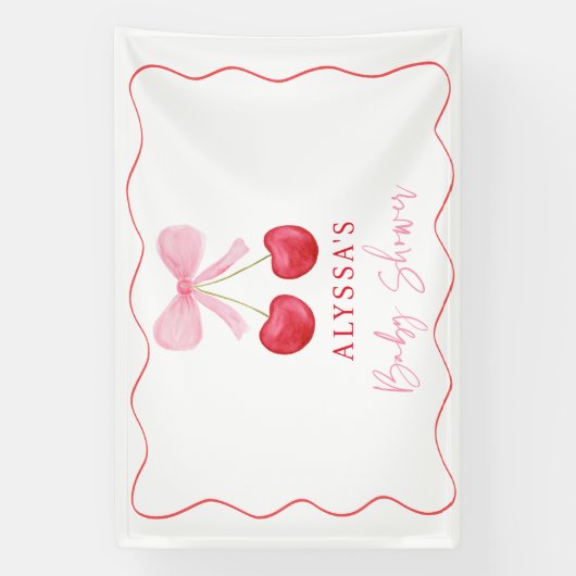 ピンクボウさくらんぼガールベビーシャワー 横断幕 (縦)