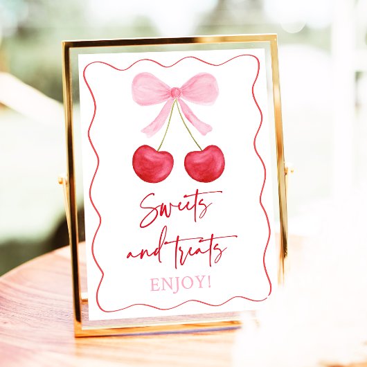 ピンクボウさくらんぼスイートトリートベビーシャワーサイン ポスター