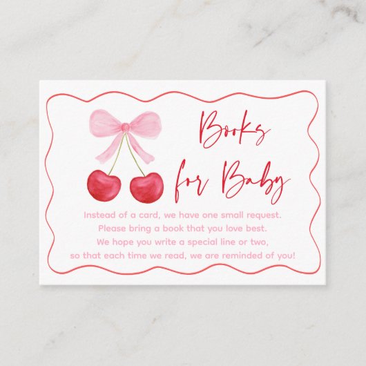 ピンクボウさくらんぼベビーシャワーブックリクエスト エンクロージャーカード (正面)