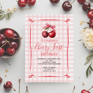 ピンクボウさくらんぼ最初の誕生日パーティーの招待 招待状