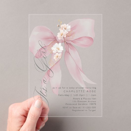 ピンクボウその女の子のフローラパステルベビーシャワー アクリル招待状 (インサイチュ (ポータブル))