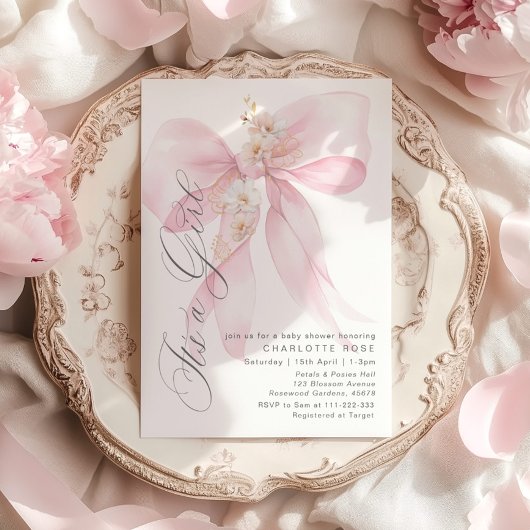 ピンクボウその女の子のフローラパステルベビーシャワー 招待状