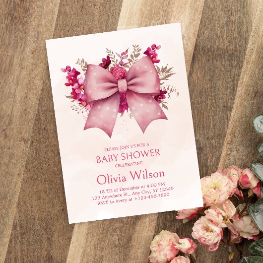 ピンクボウとかわいらしフローラ赤ちゃんシャワーの招待 招待状