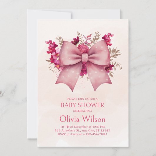 ピンクボウとかわいらしフローラ赤ちゃんシャワーの招待 招待状 (正面)