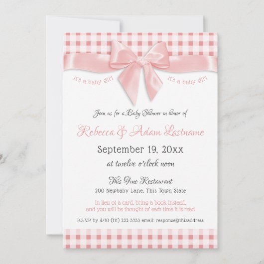 ピンクボウとギンガムチェック赤ちゃんシャワー 招待状 (正面)