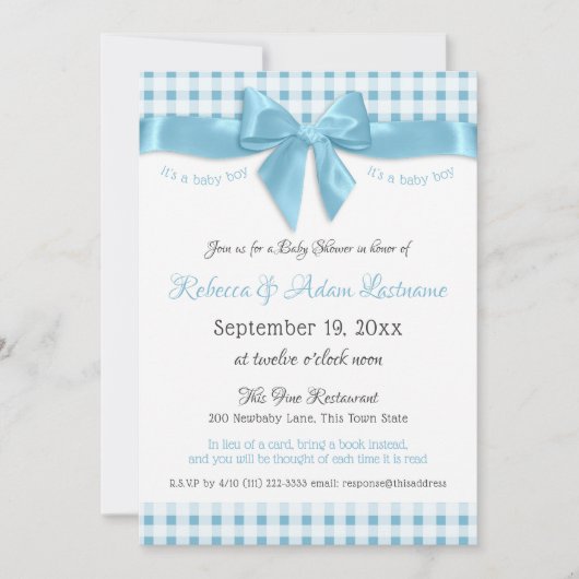 ピンクボウとギンガムチェック赤ちゃんシャワー 招待状 (正面)