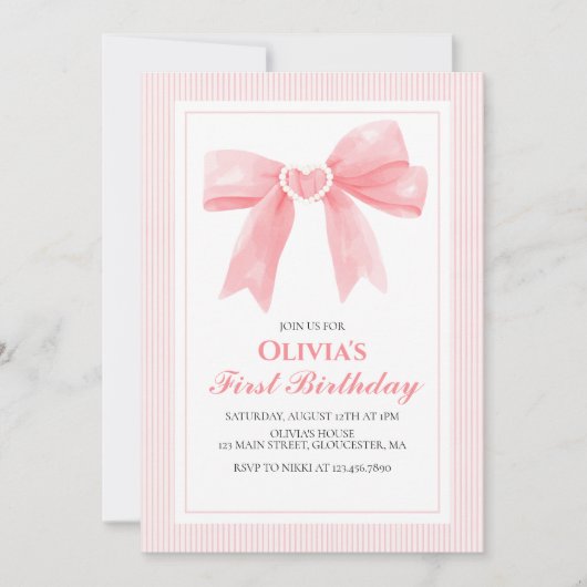 ピンクボウとストライプコケット1歳 招待状 (正面)
