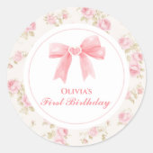 ピンクボウとバラコケット1歳の誕生日 ラウンドシール (正面)