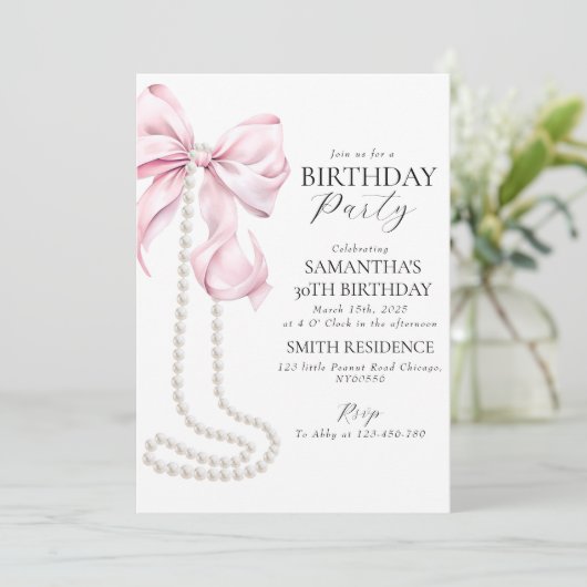 ピンクボウとパール30th誕生日パーティの招待状 シーズンカード (スタンド正面)