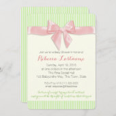 ピンクボウとピンのストライプ赤ちゃんシャワー 招待状 (正面/裏面)