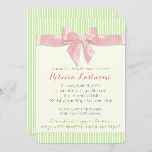 ピンクボウとピンのストライプ赤ちゃんシャワー 招待状 (正面/裏面)