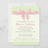 ピンクボウとピンのストライプ赤ちゃんシャワー 招待状 (正面)