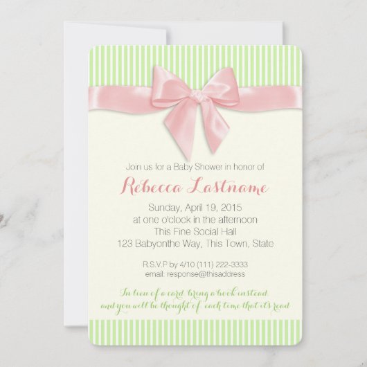 ピンクボウとピンのストライプ赤ちゃんシャワー 招待状 (正面)