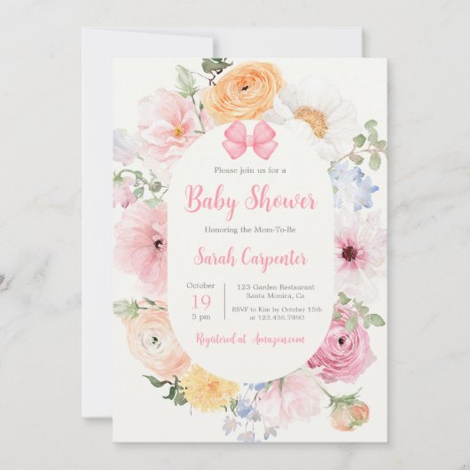ピンクボウとフローラベビーシャワーガール 招待状 (正面)