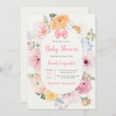 ピンクボウとフローラベビーシャワーガール 招待状 (正面/裏面)