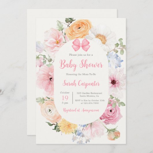 ピンクボウとフローラベビーシャワーガール 招待状 (正面/裏面)