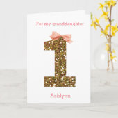 ピンクボウと金ゴールドグリッター1st Birthday カード (黄色い花)