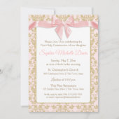 ピンクボウと金ゴールドダマスク第一聖餐会 招待状 (正面)