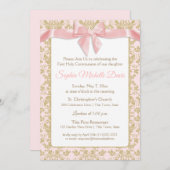 ピンクボウと金ゴールドダマスク第一聖餐会 招待状 (正面/裏面)