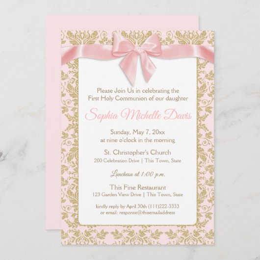 ピンクボウと金ゴールドダマスク第一聖餐会 招待状 (正面/裏面)