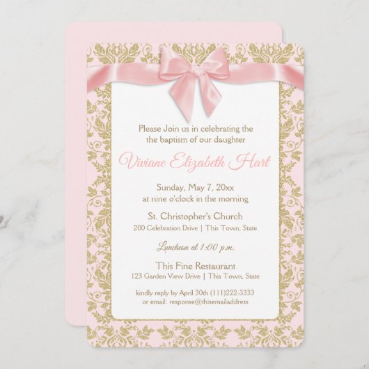 ピンクボウと金ゴールドダマスバプテスマ 招待状 (正面/裏面)