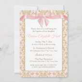 ピンクボウと金ゴールドダマスバプテスマ 招待状 (正面)