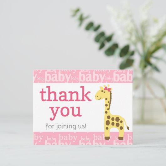 ピンクボウのキリン女の子のための赤ちゃんシャワーありがとう ポストカード (スタンド正面)