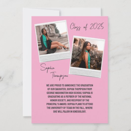 ピンクボウのマッチボックス写真卒業発表 招待状 (裏面)