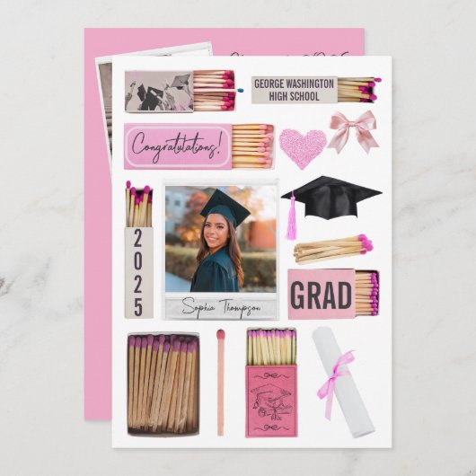 ピンクボウのマッチボックス写真卒業発表 招待状 (正面/裏面)