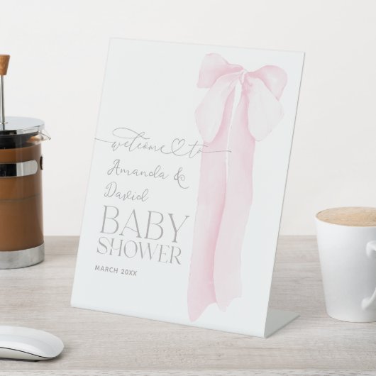 ピンクボウのミニマリスト女の子ベビーシャワーへようこそ 台座サイン (インサイチュ)