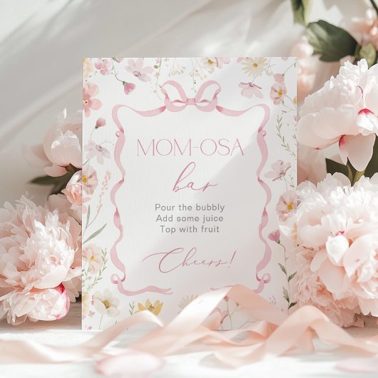 ピンクボウのリボンワイルドフラワーモモモザバーの水色 ポスター