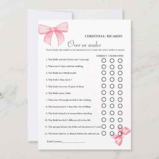 ピンクボウの上または下のブライダルシャワーゲームカード 案内状 (正面)