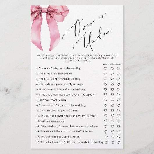ピンクボウの上または下のブライダルシャワーゲーム (正面)