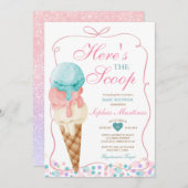ピンクボウはこちらスクープのアイスクリームベビーシャワー 招待状 (正面/裏面)